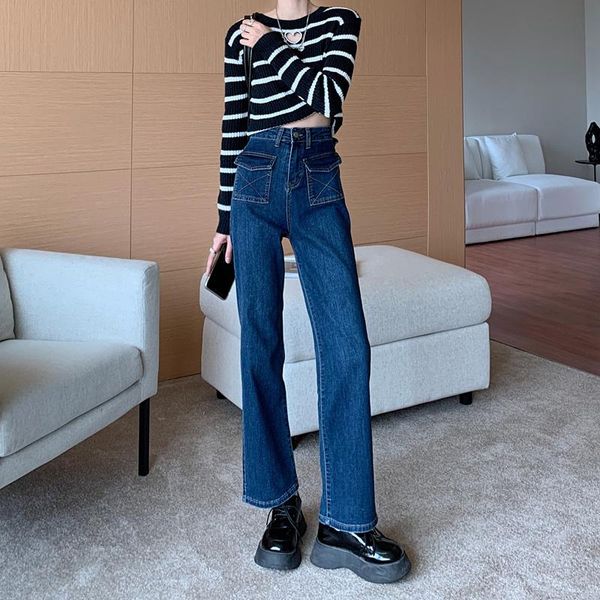 

women's jeans washed straight autumn 2021 high waist slim blue wide leg pants rac