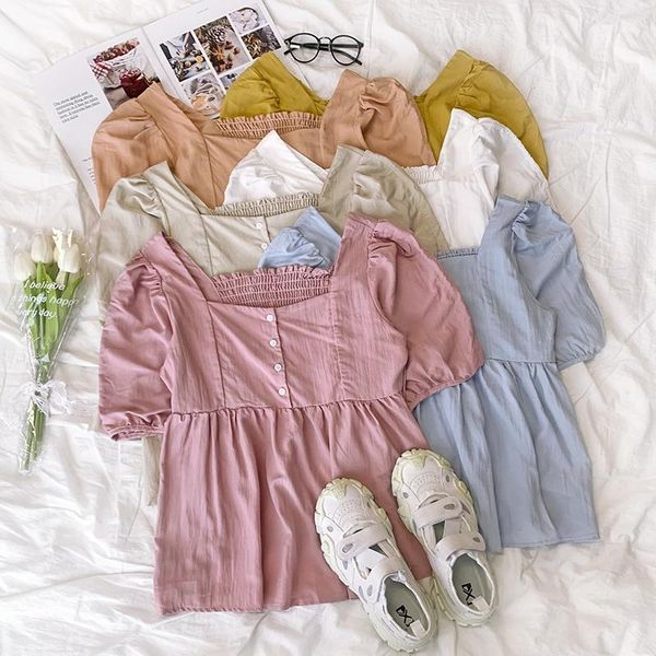 

women's blouses & shirts cute square collar small breasted sweet wild pleated slim retro puff sleeve short-sleeved shirt, White