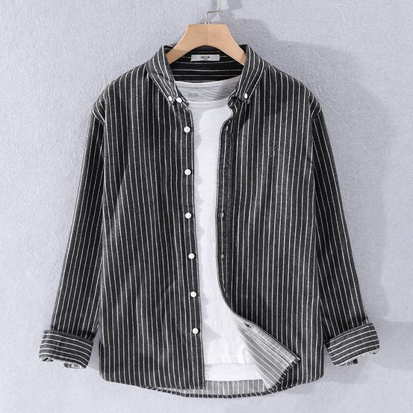 

2021 new pure cotton long-sleeved striped shirts brand brushed casual for men fashion stripe shirt mens overhemd camisa 84sf, White;black