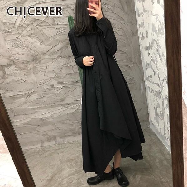 

casual dresses chicever spring dress female lapel long sleeve high waist bandage irregular hem black korean fashion clothes, Black;gray