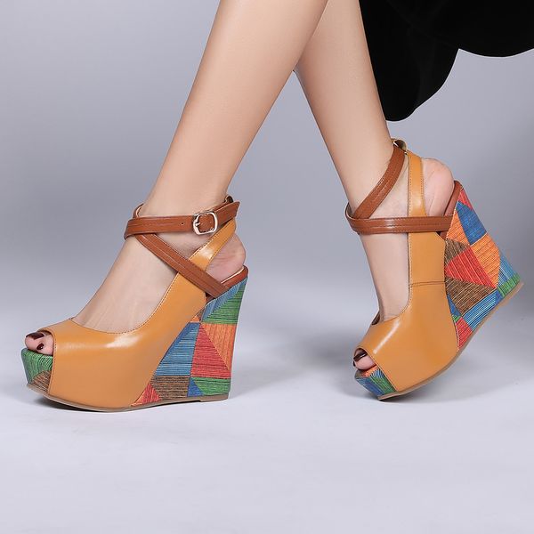 

womens genuine leather ultra high heel wedge platform ankle strap pumps open toe ladies night club dress shoes slim sandal, Black