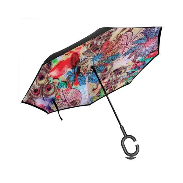 

umbrellas car reverse umbrella, peacock feather pattern and leaf printing color decorative floral artwork, with c-shaped handle, umbrella