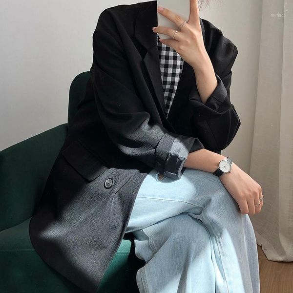 

women's wool & blends lmq 2021 women spring autumn long sleeve loose casual double breasted blazer solid chic jacket lady office suit o, Black