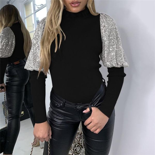 

fashion women office lady puff sleeve blouse elegant ladies sequin bling shirt turtleneck chemise femme streetwear, White