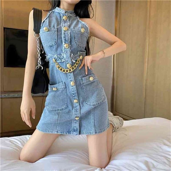

runway design summer dress women's sleeveless tassel fringed lion button metal chain mini denim vestidos 210602, White