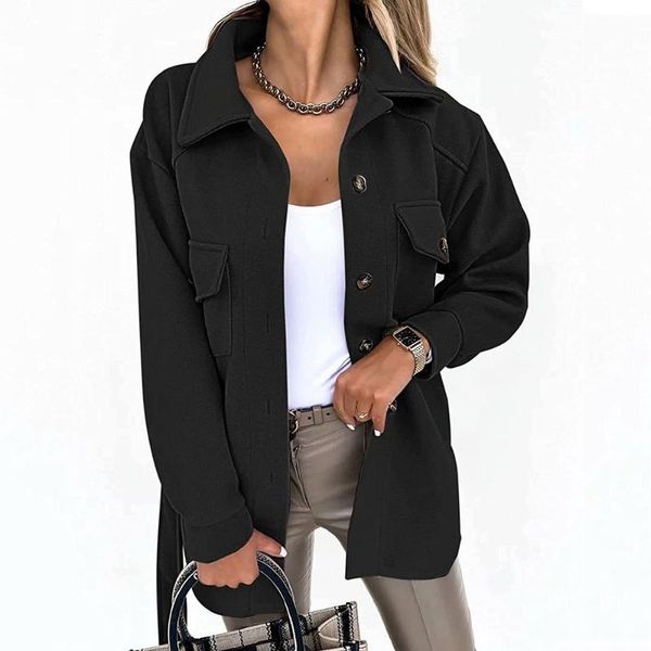 

women's wool & blends 2021 autumn coat windbreaker jacket casual simple style solid color loose straight long-sleeved single-breasted t, Black