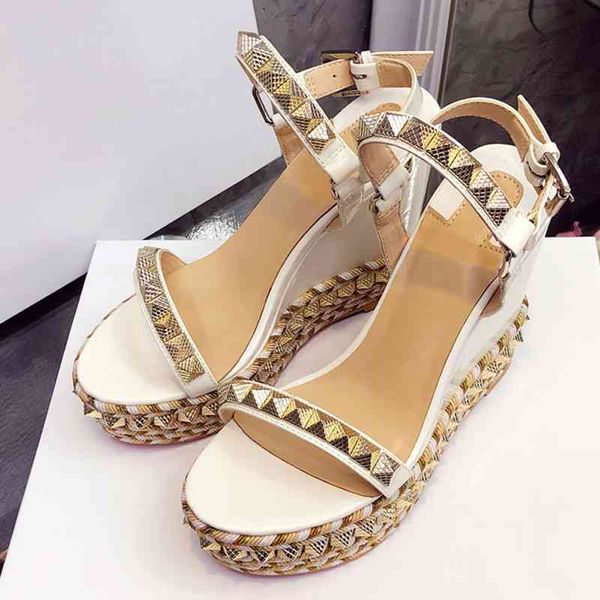 

platform sandals designer open toe rivet mixed color wedges for women high heels runway shoes 2021, Black