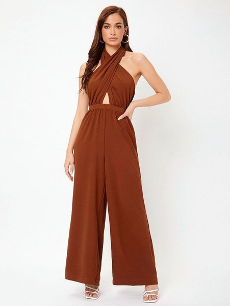 

crisscross tied backless wide leg halter jumpsuit w79a#, White