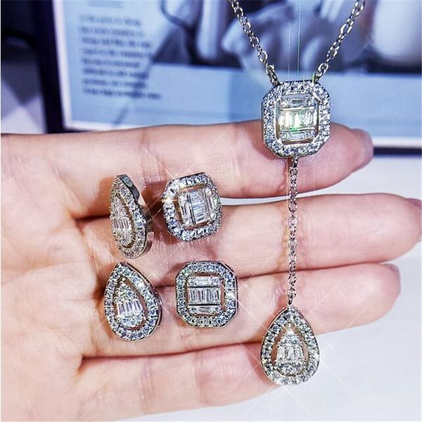 

2021 new arrival luxury jewelry set square earring 925 sterling silver women open ring princess cut white 5a cz diamond clavicle necklace, Slivery;golden