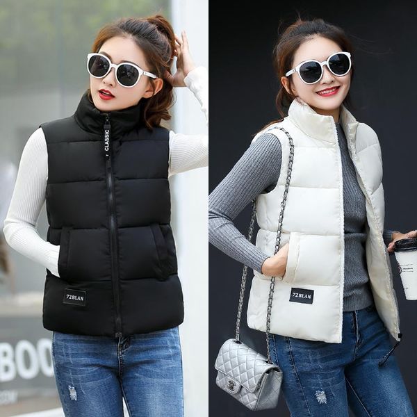 

women's vests autumn winter warm sleeveless down cotton padded vest jacket waistcoat women wadded female casual soild coats, Black;white