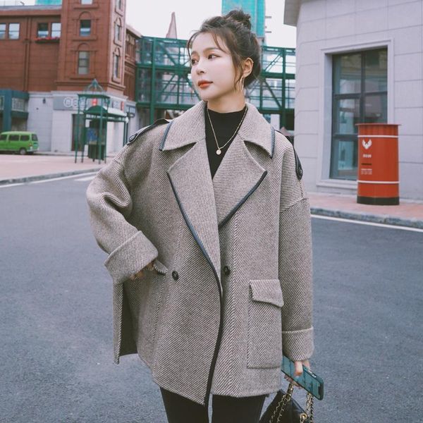 

women's wool & blends woolen jacket for women short winter korean style loose suit casual thick high-quality fashion simple classic coa, Black