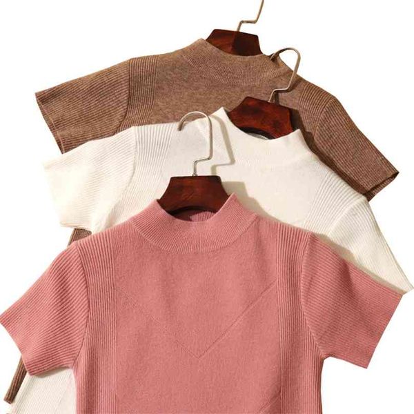 

sweater knitted summer short sleeve o-neck pullover women sweaters korean all-match basic pull femme jumper female 210918, White;black