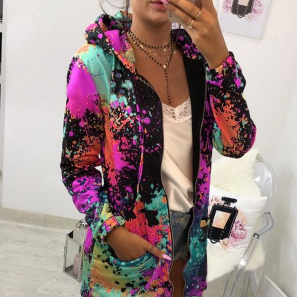 

autumn female jacket fashion womens windbreaker tie dyeing print coat outwear sweatshirt hooded jacket casual pockets overcoat, Black;brown