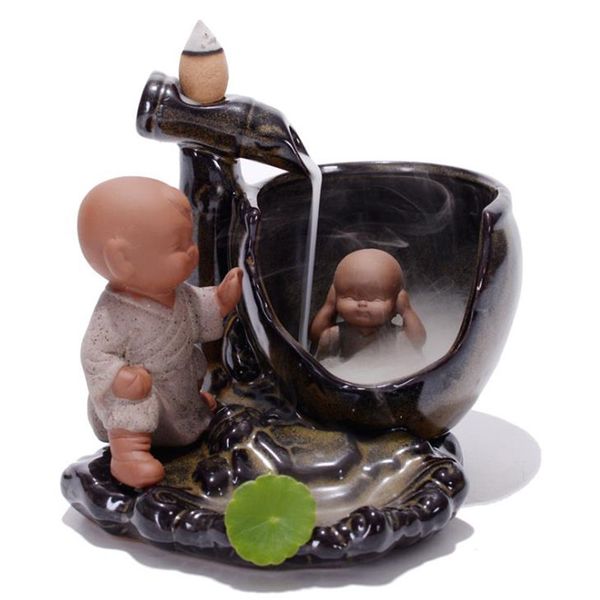 

ceramic backflow incense burner monk small buddha incense holder aromatherapy censer home decor ornaments + 10pcs cones