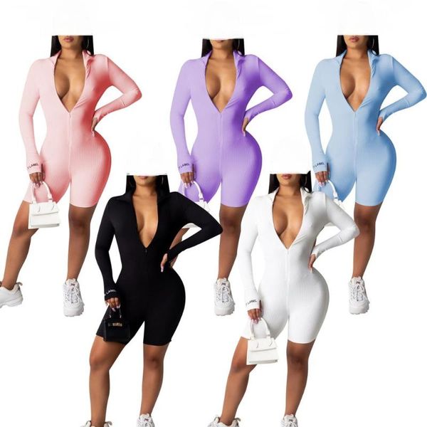 

women's jumpsuits & rompers women long sleeve solid color zipper up skinny playsuit club party sport knee length bodysuit one piece ove, Black;white