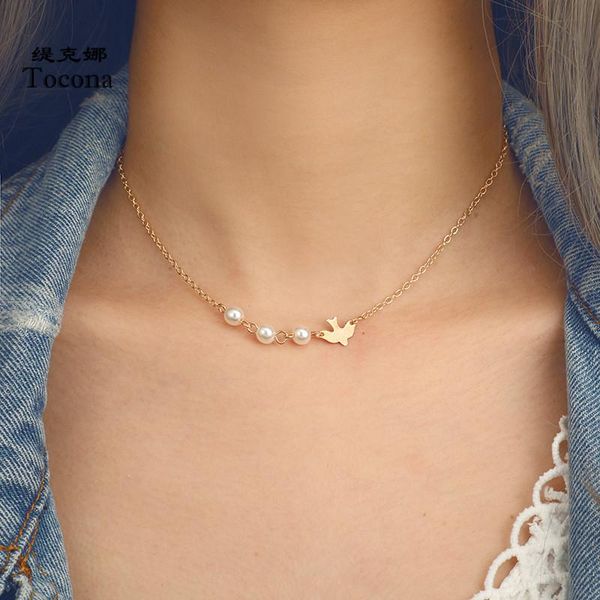 

chokers tocona fashion gold color chain choker necklace lovely bird pearl shape design clace for women ladies jewelry 6723, Golden;silver