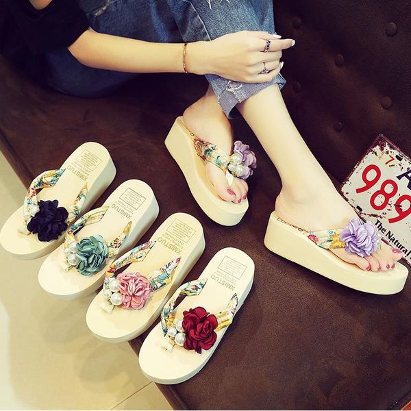 

slippers 5 cm high heel women wedge non-slip outdoor slipper summer beach shoes female floral flip-flop bohemian string bead lady sandals, Black