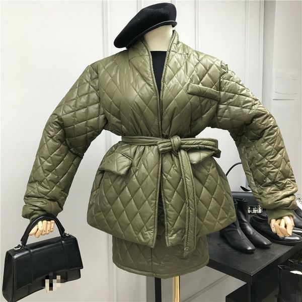 

two piece dress [ewq] 2021 spring rhombus tied full sleeve cotton-padded jacket + high waist clip skirt thick warm 2 set qz169, White