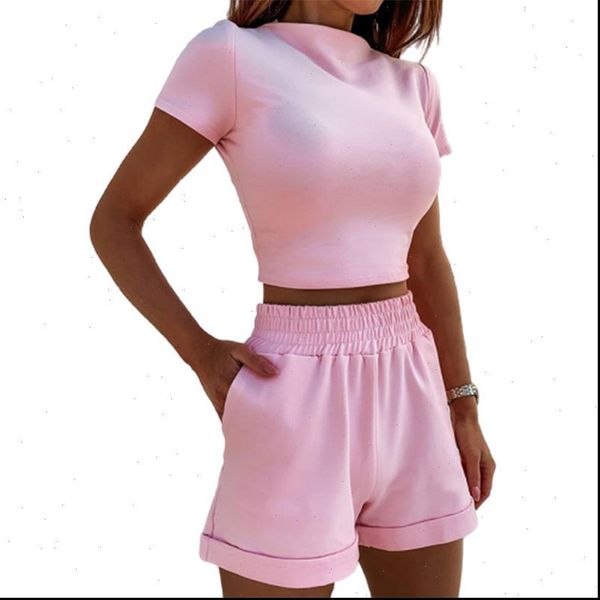 

women summer two pieces set solid short sleeve crop and elastic waist shorts ladies casual slim tracksuit sj5993m, Gray
