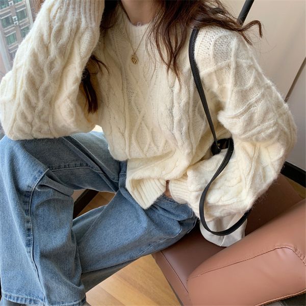 

2021 ol elegant o-neck solid twist sweater new autumn winter vintage long sleeve female pullovers women sweaters wtwq, White;black