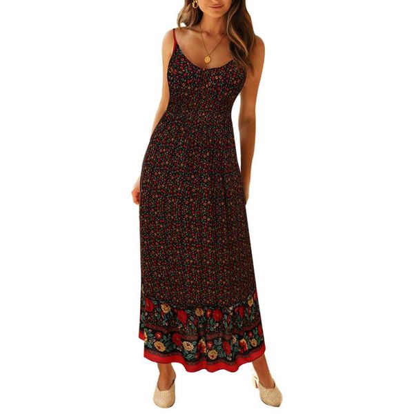 

casual dresses fashion women dress suspender floral printed clothes v-neck backless beach long maxi summer sundress, Black;gray