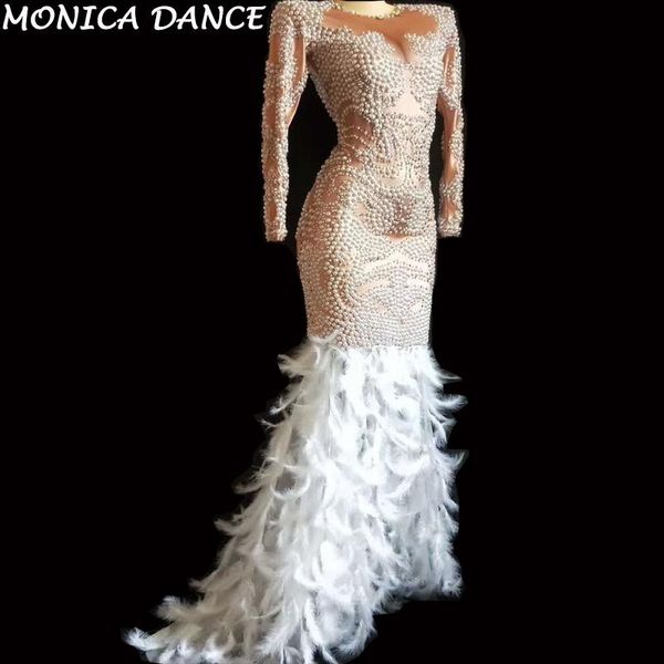

casual dresses women pearls rhinestones white feather dress women's birthday party celebrate outfit female singer costume stage show, Black;gray