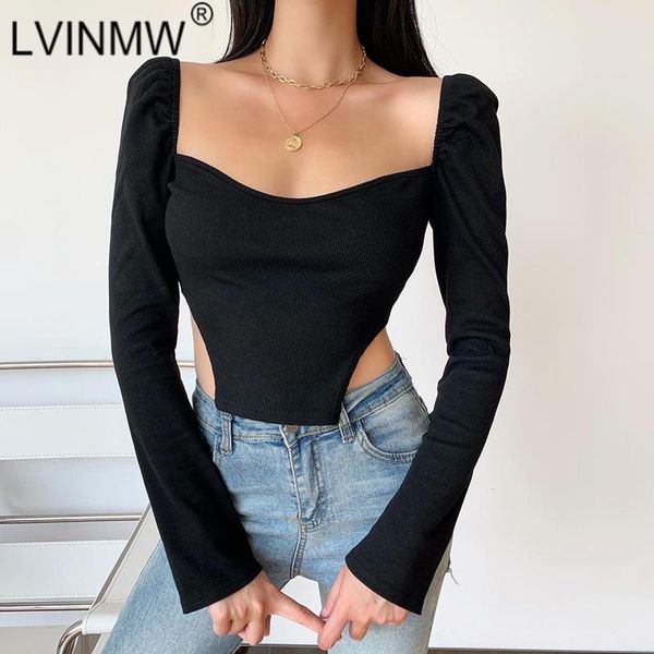 

women's t-shirt lvinmw backless square collar puff sleeve long solid crop woman tshirts autumn basic simple t shirt streetwear, White