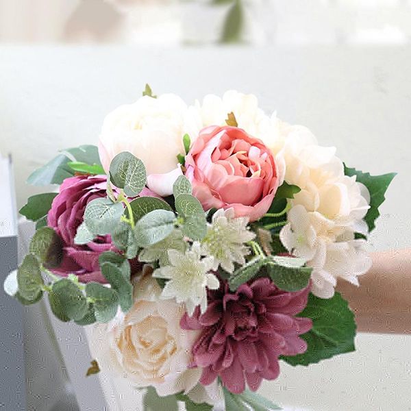 

decorative flowers & wreaths artificial retro silk rose bouquet hydrangea peony vintage bride holding fake flower home wedding decoration ac