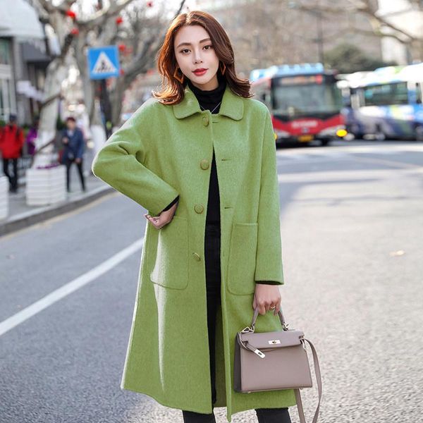 

2021 autumn and winter women's solid color new woolen coat korean fashion long coat single breasted slim women's a155, Black