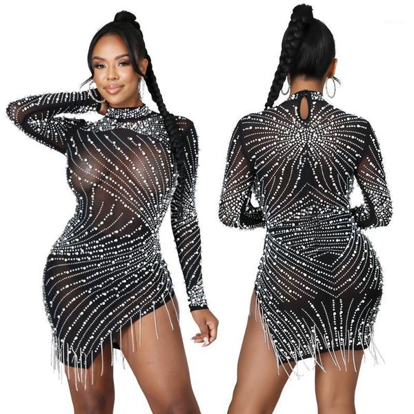 

casual dresses women transparent mesh beads fringes mini black dress birthday prom party celebration rhinestones irregular dance costum, Black;gray