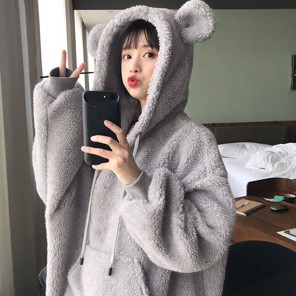 

women fuax fur hoodies pullover girl vintage winter warm loose solid bear ear outerwear cute casual long sleeve coat, Black;brown