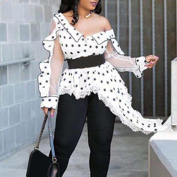 

women's blouses & shirts spring fashion casual daily lace v-neck star print evening blouse camisa de gasa las mujeres#d4, White