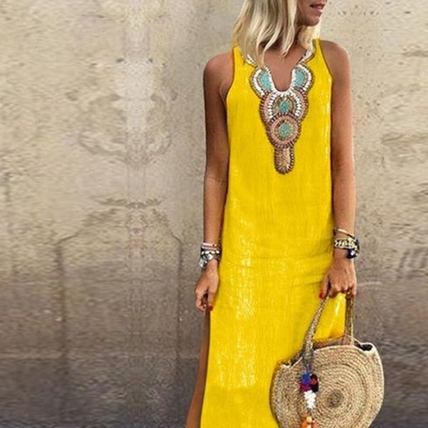 

split v neck women dress 2021 vintage bohemian floral tunic beach dress sundress yellow dress cotton plus size, Black;gray