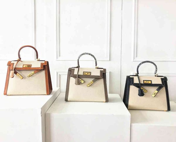 

luxury handbags and storage herme designer handbag leather kelys bag women's big 2021 new lychee grain with canvas contr