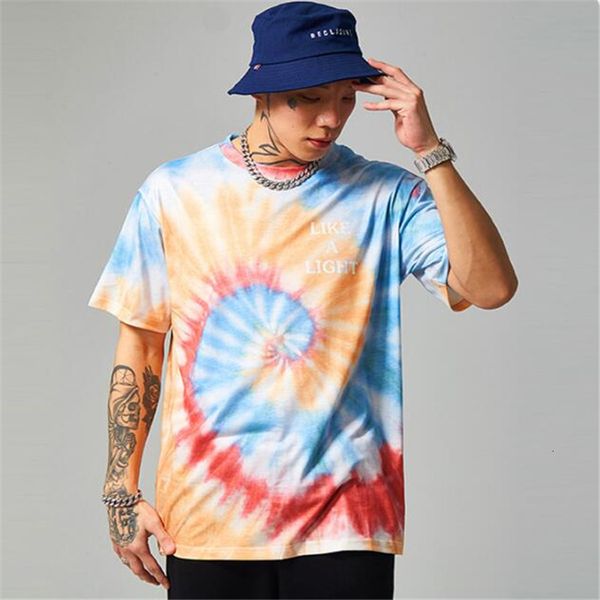 

2021 summer new style street personality funny expression fashion spiral tie dye loose short sleeve men's brand t-shirt sgar, White