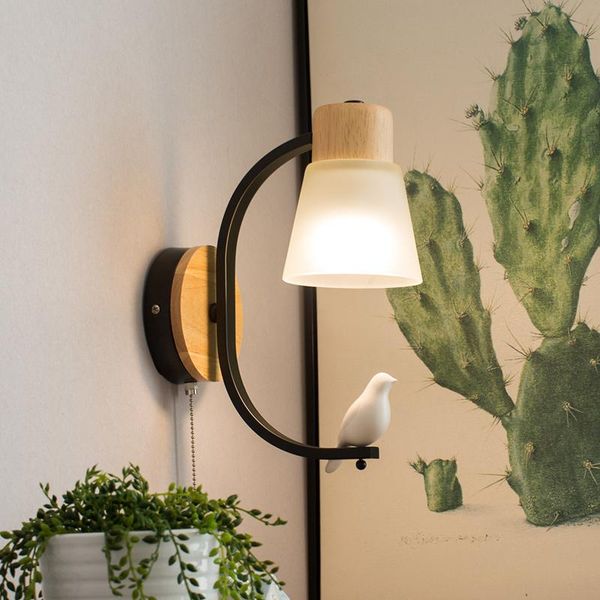 

wall lamp nordic solid wood sconce indoor fixtures bedside bedroom aisle modern creative living room bird glass lamps