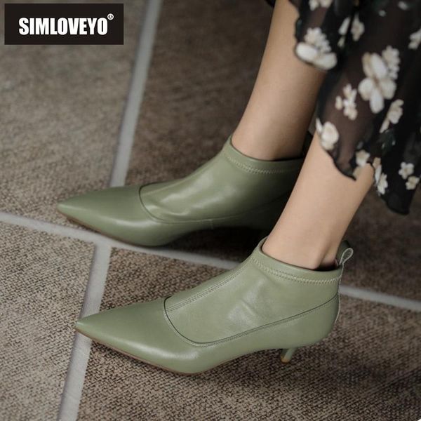 

boots simloveyo 2021 women ankle pointed toe 5cm short heels genuine leather warm stylish concise designer autumn a3494, Black