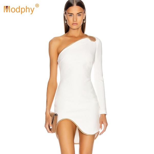 

2021 autumn new women's white one shoulder long sleeve bodycon bandage dress celebrity runway evening party dress vestidos, Black;gray