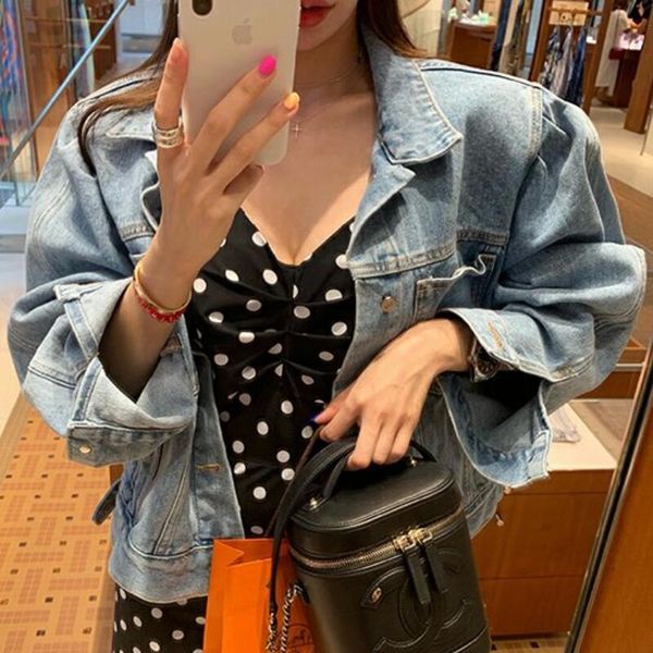 

women's jackets lapel puff sleeves denim short jacket women, Black;brown