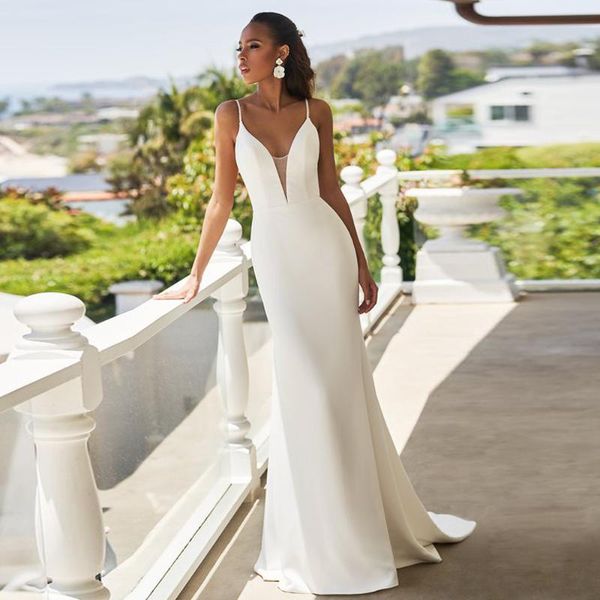 

other wedding dresses simple mermaid dress 2022 bridal gowns spaghetti straps v neck beading backless sweep train robe de mariee, White