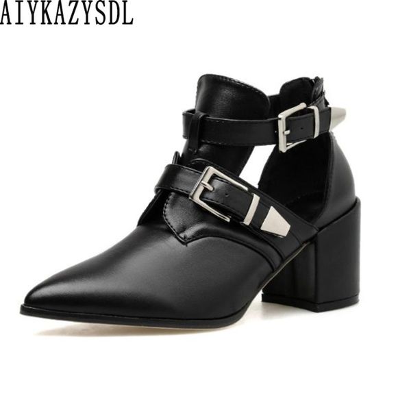 

boots aiykazysdl women cut out buckle ankle pointed toe motorcycle biker bootie thick block chunky high heels shoes 2021, Black