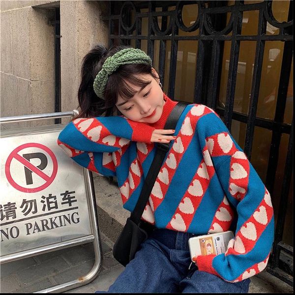 

casual loose high collar love sweater womens sweaters japanese kawaii ulzzang female korean harajuku clothing for women, White;black