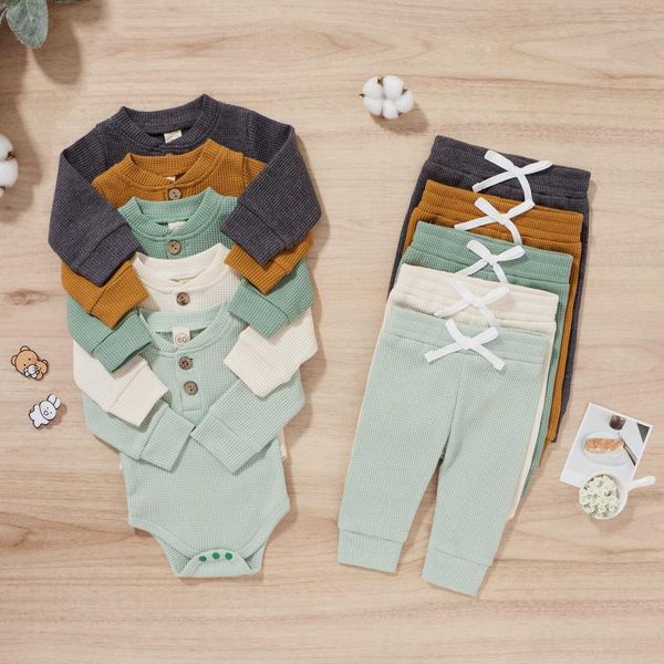 

clothing sets 0-24 months baby boys girls ribbed outfits infant autumn long sleeve solid knitted bodysuit+pants born clothes, White