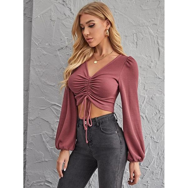 

women's t-shirt long sleeve v-neck drawstring bluzka na ramiaczkach cute shirt red clothes for women, White