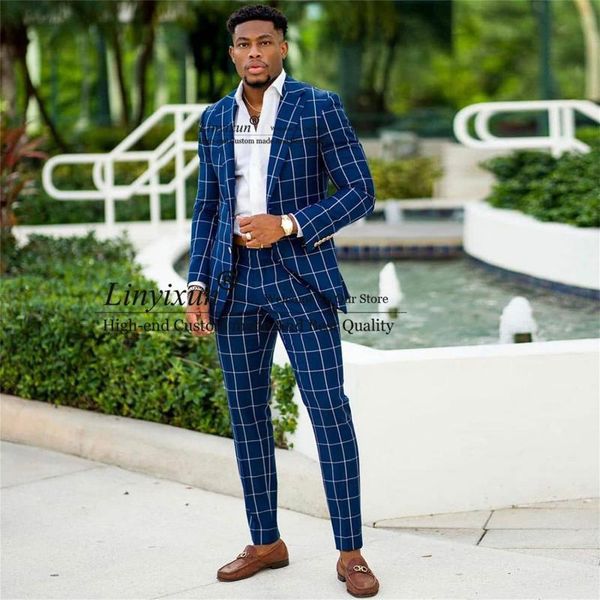 

men's suits & blazers royal blue plaid check notched lapel wedding male blazer tailored made 2 pieces jacket pants set formal groom tux, White;black