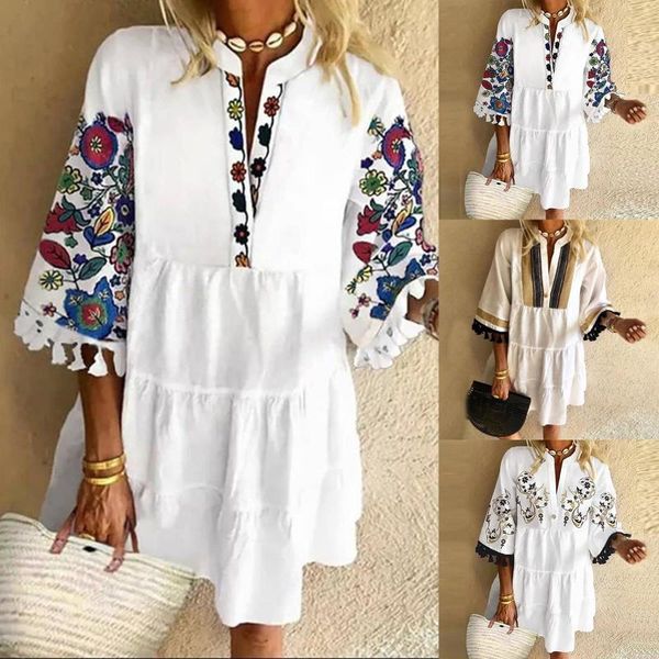 

casual dresses women fashion mini dress v neck half sleeve tassel retro print loose short bohemian style streetwear vestidos, Black;gray