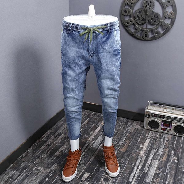 

spring and summer light color elastic waist lace up harlan jeans men's fashion loose leg long pants youth washing leisurewinter, Blue