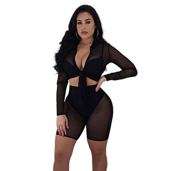 

women's swimwear women turn down neck long sleeve see-through sheer mesh fishnet crop t-shirt and shorts set beachwear cover-ups, White;black