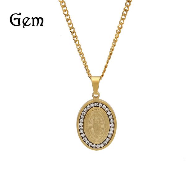

autumn and winter of 2019 stainless steel madonna pendant inlaid with zircon, vacuum color retention, electroplating stainless steel oval, Silver