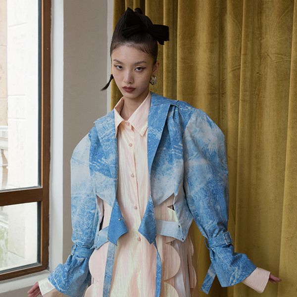 

casual hollow out jacket for women lapel long sleeve print tie dye short jackets female autumn fashion new tide, Black;brown